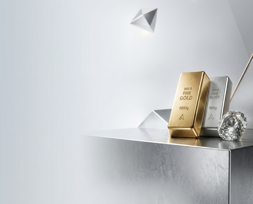 Precious metals — gold bar, silver bar, and diamond
